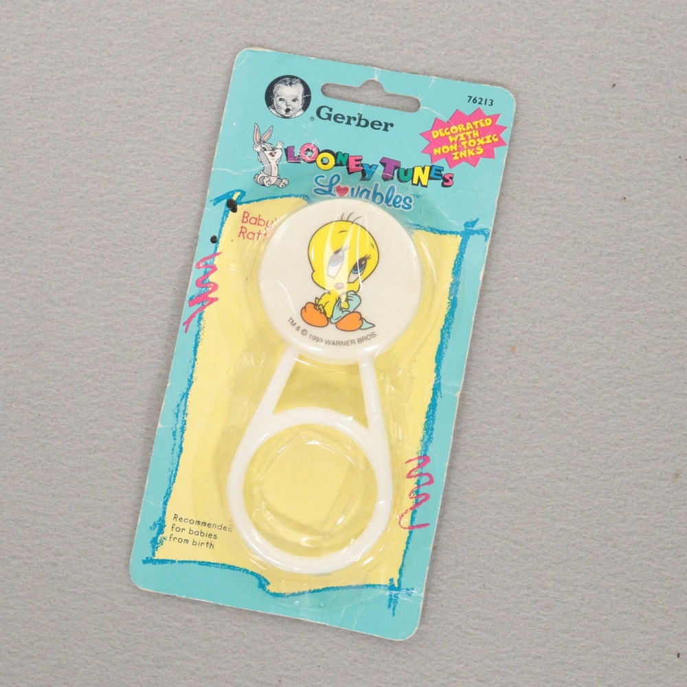 Vintage Gerber Baby Rattle Looney Tunes Tweety Bird White Plastic NOS